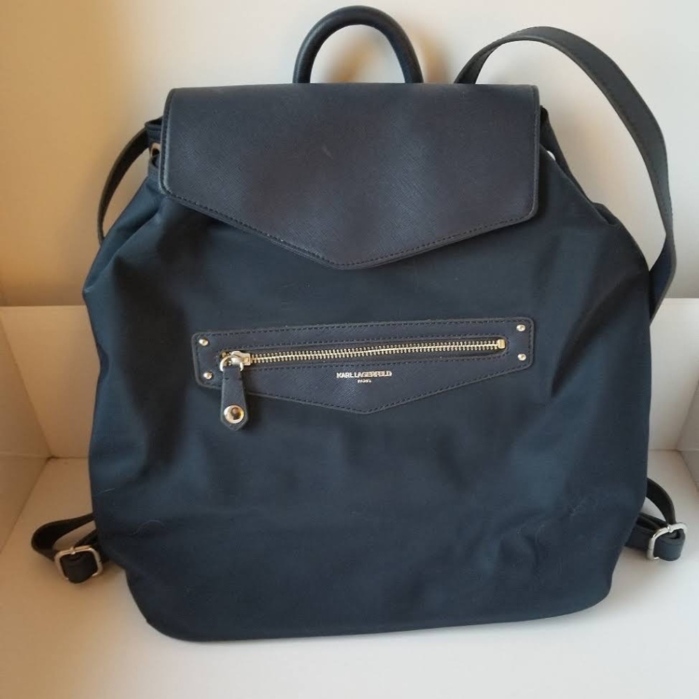 Karl Lagerfeld Paris navy blue drawstring backpack bag